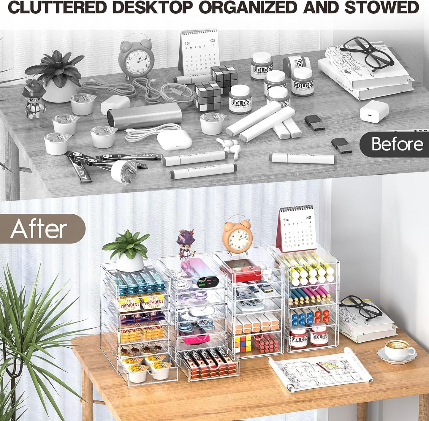 AMALEKO Acrylic Drawer Organizers - 21 Drawers 4 Set - Clear Storage Drawers for Office Supplies - Stackable Makeup Organizer - Dustproof Desk Organizers for Makeup, Jewelry, Pen, Stationary