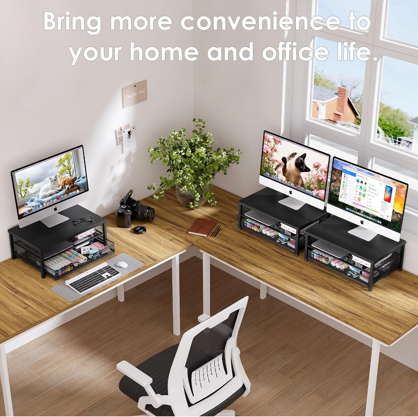 OPNICE Computer Monitor Stand Riser, Desk Organizer with Drawer, Printer & Laptop Stand, Office Desk Accessories & Workspace Desktop Organizers Storage for Office Supplies(Brown)