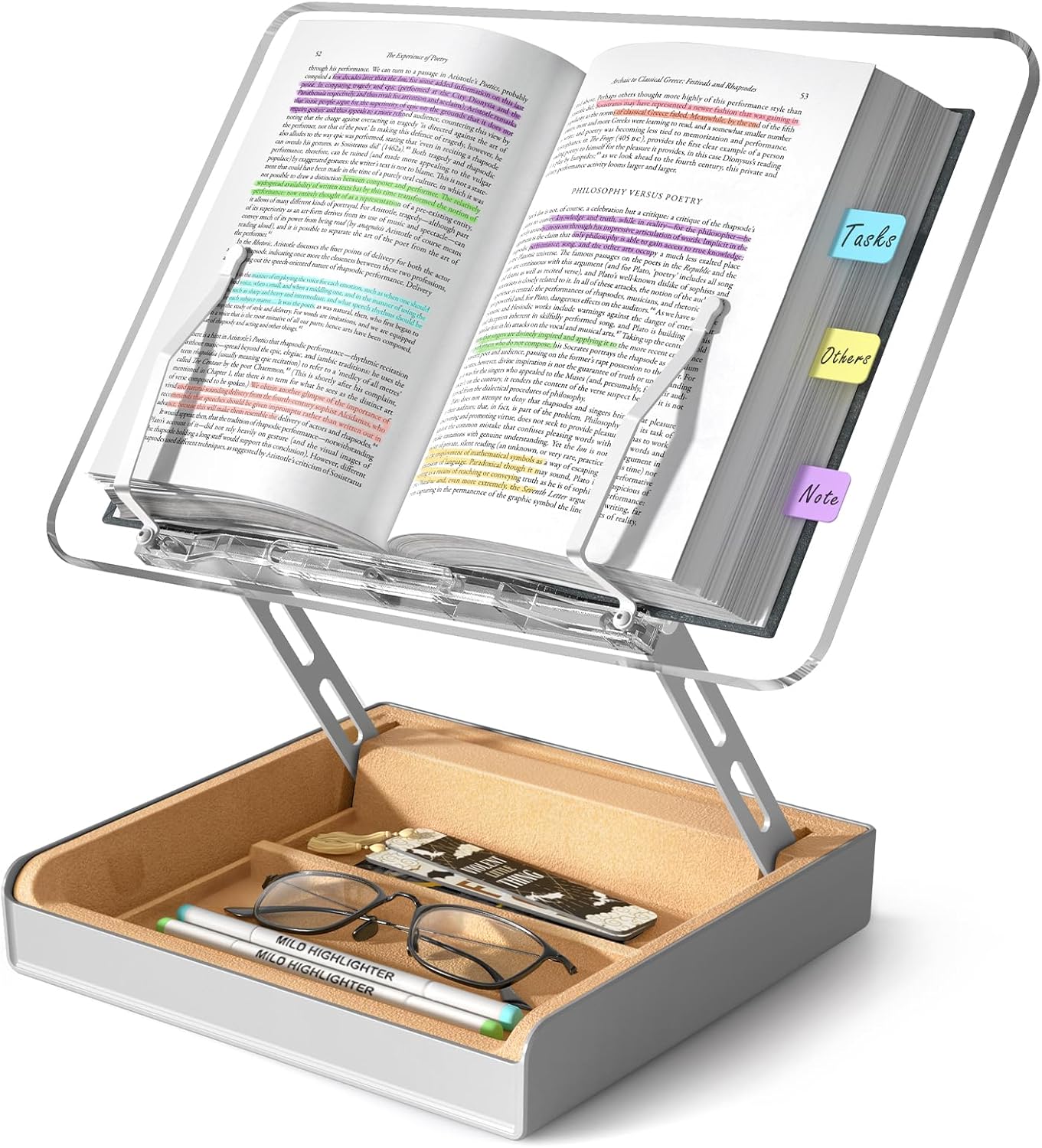 Book Stand with Storage, Book Holder for Reading Hands Free, Wooden Cookbook Stand for Kitchen Counter, Adjustable Reading Stand for Desk, Recipe Stand, Book Prop for Book Lovers