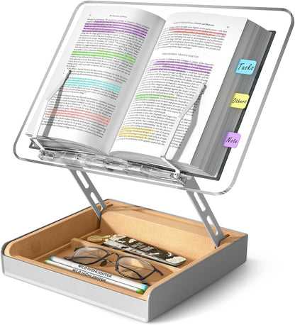 Book Stand with Storage, Book Holder for Reading Hands Free, Wooden Cookbook Stand for Kitchen Counter, Adjustable Reading Stand for Desk, Recipe Stand, Book Prop for Book Lovers