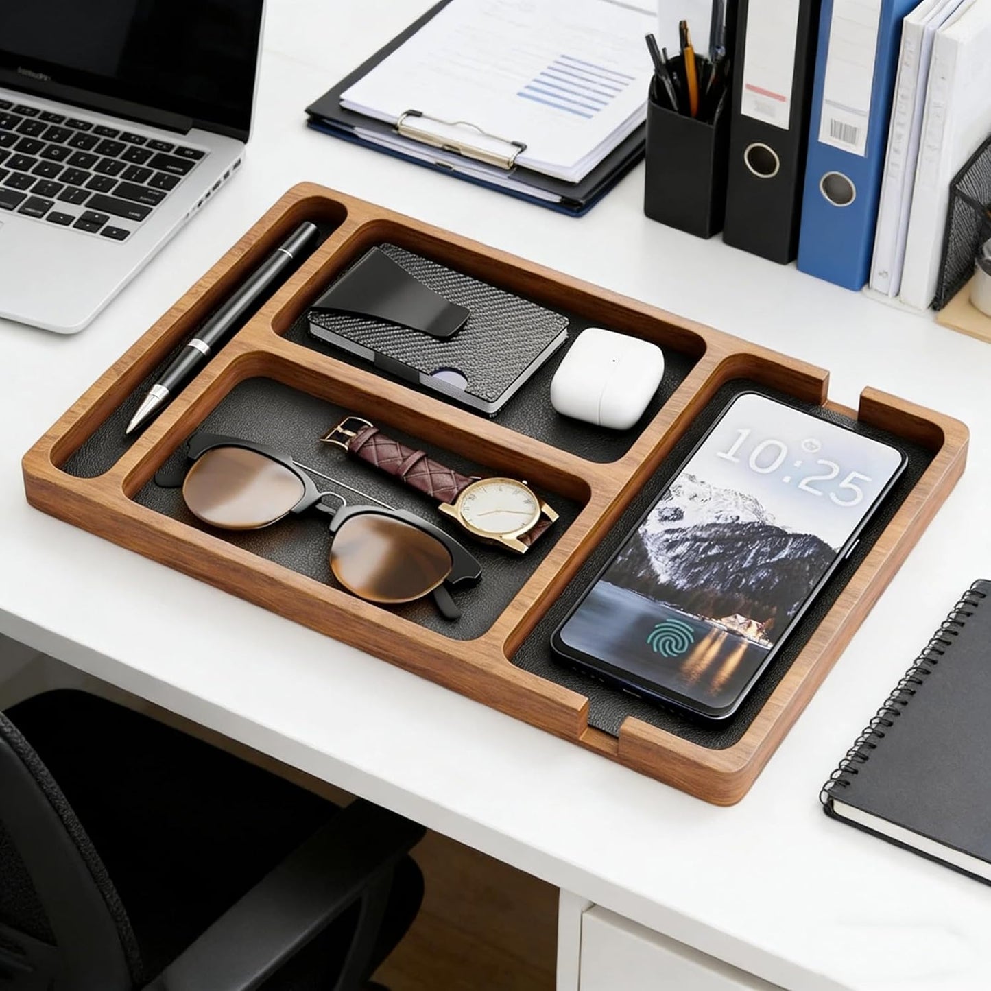 Wooden Valet Tray with Leather Inlay - Key and Wallet Tray, Wooden Jewelry Tray - Nightstand Desk Organizer for EDC Essentials (Keys, Phone, Wallet, Watch, Earbuds) (wood)