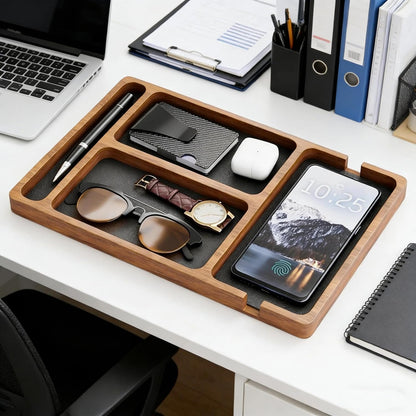 Wooden Valet Tray with Leather Inlay - Key and Wallet Tray, Wooden Jewelry Tray - Nightstand Desk Organizer for EDC Essentials (Keys, Phone, Wallet, Watch, Earbuds) (wood)