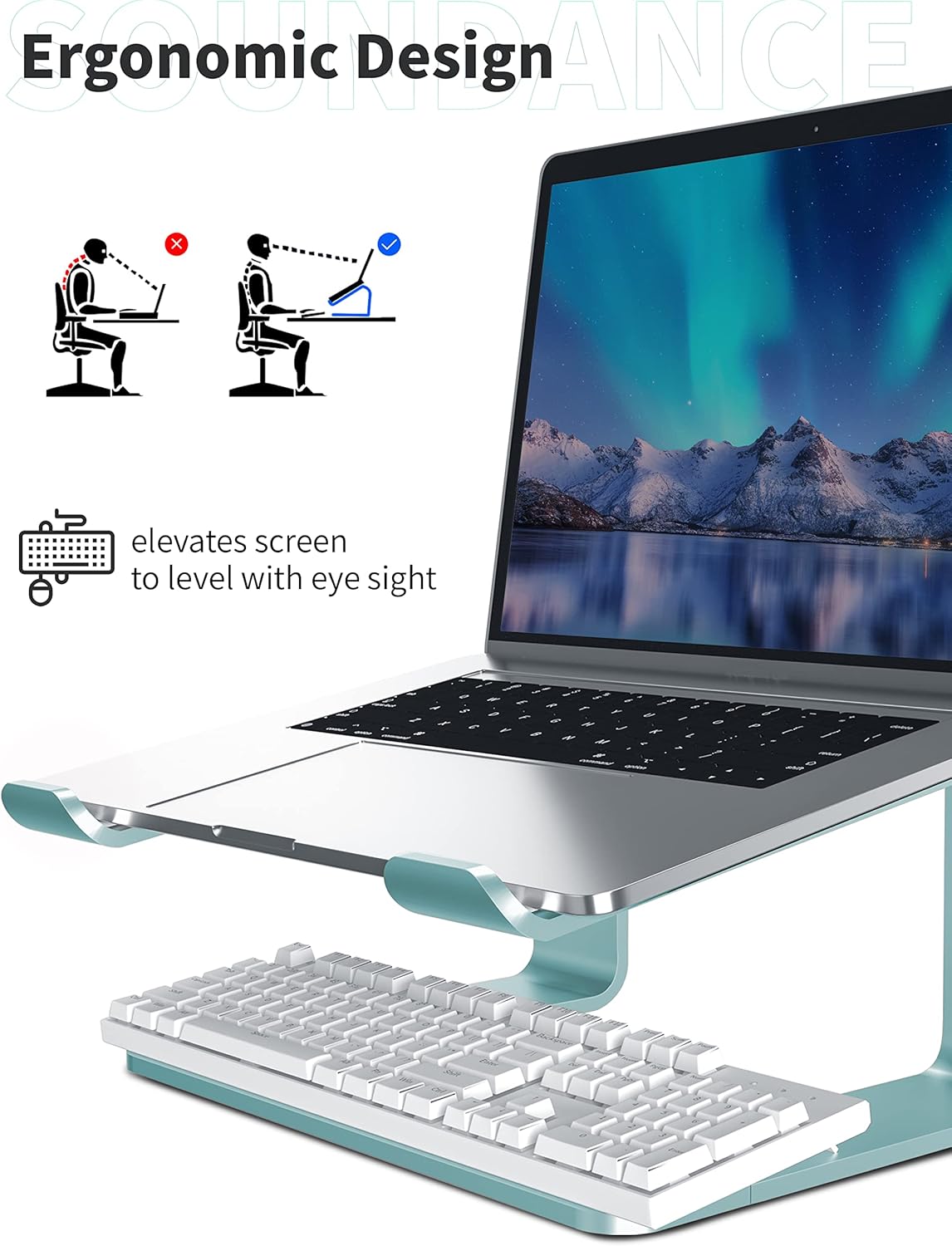 SOUNDANCE Laptop Stand, Aluminum Computer Riser, Ergonomic Laptops Elevator for Desk, Metal Holder Compatible with 10 to 15.6 Inches Notebook Computer, Silver