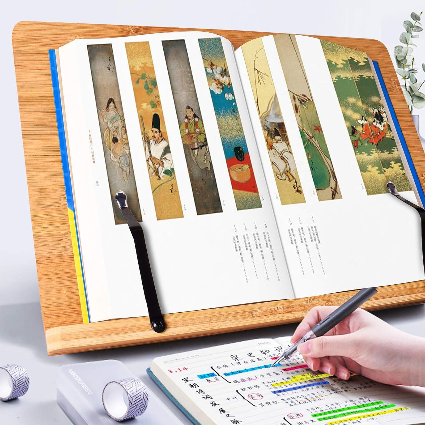 wishacc Bamboo Book Stand, Adjustable Book Holder Tray and Page Paper Clips-Cookbook Reading Desk Portable Stable Hard-Wearing Lightweight Bookstand-Textbooks Books