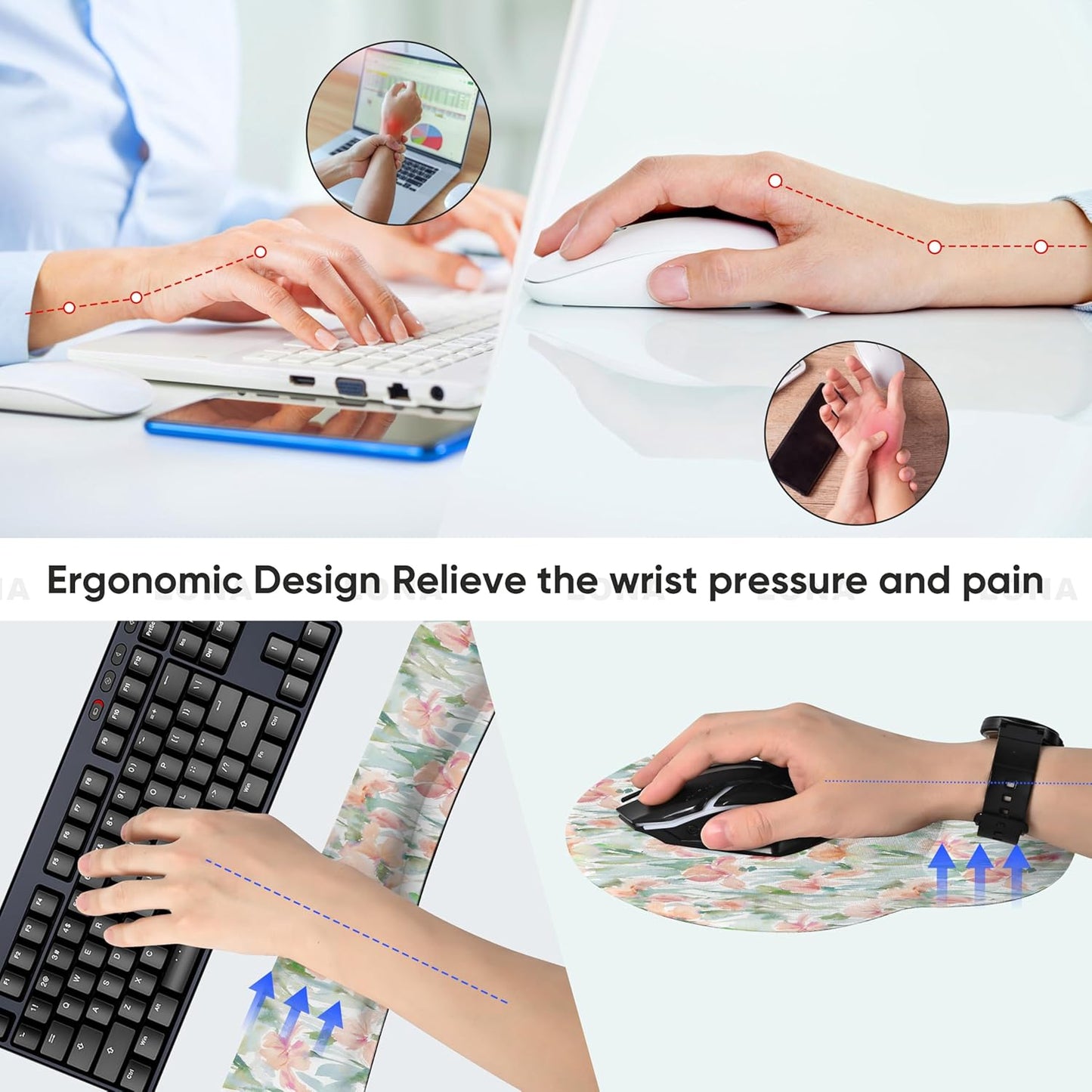 Ergonomic Keyboard Mouse Pad Wrist Rest Support Set for Laptop/Computer/Desktop,Memory Foam Hand Rest Wrist Cushion for Gaming/Office,Lightweight Comfortable & Pain Relief (Flowers)
