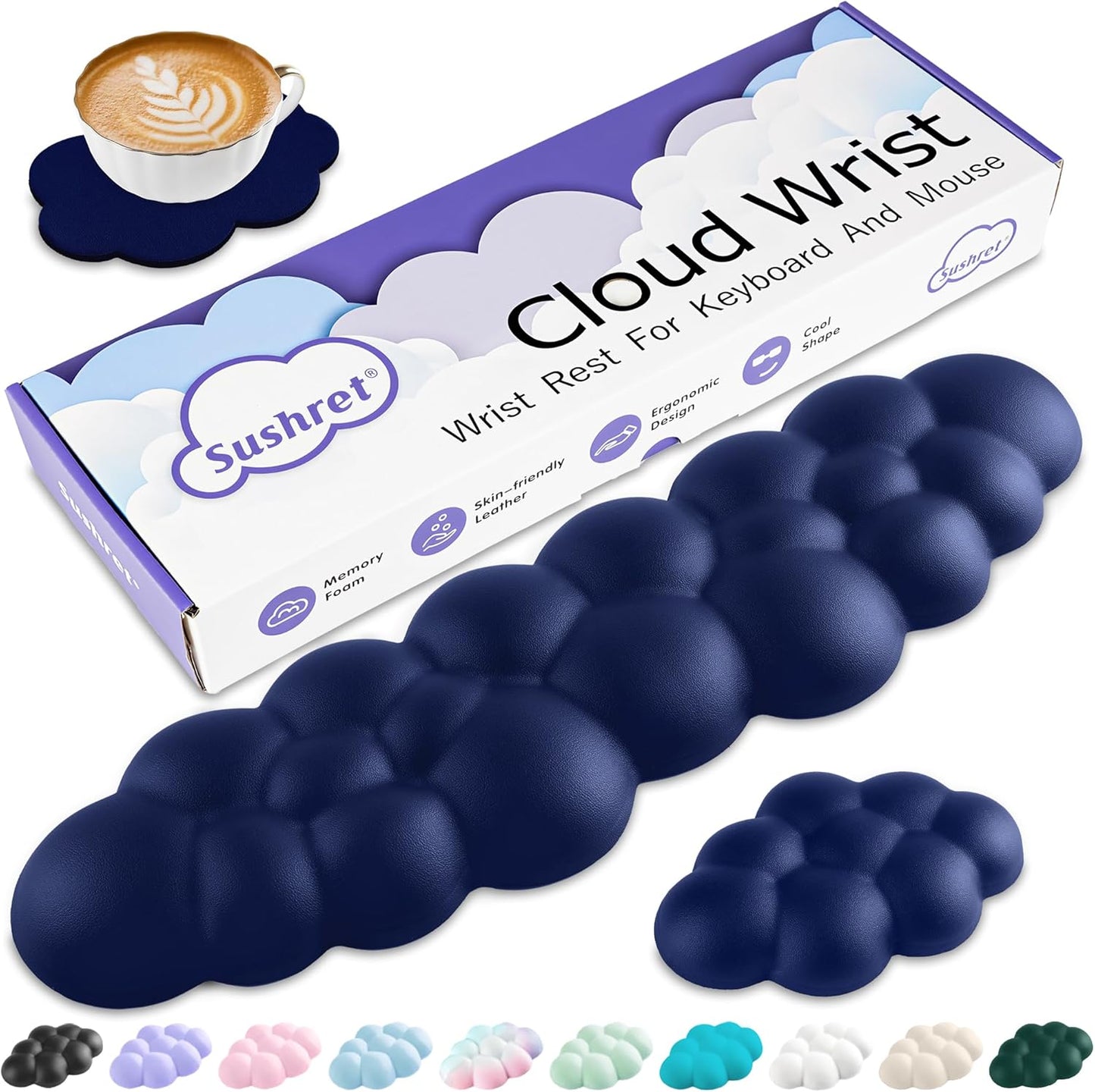 Sushret Cloud Wrist Rest Keyboard, Cloud Keyboard Wrist Pad Set with PU Leather Memory Foam, Cute Arm Rest for Palm Support, PC/Gaming Desk Accessories/Office Setup/Computer Hand Cushion - White