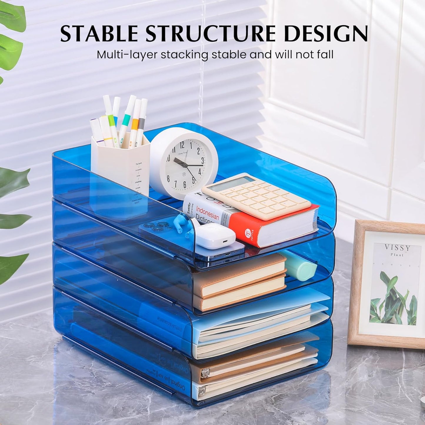 CiWiVOKi 2 Pack Stackable Paper Tray File Organizer for Desk, Office Organizer and Storage for Desk Accessories, Notes, Books, File Paper, Document, Blue