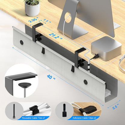 Under Desk Cable Management Tray, 40-inch No-Drill Cord Organizer with Anti-Sag Reinforced Base, Fabric Wire Management Hider for Standing Desk, Office & Gaming Accessories - Black