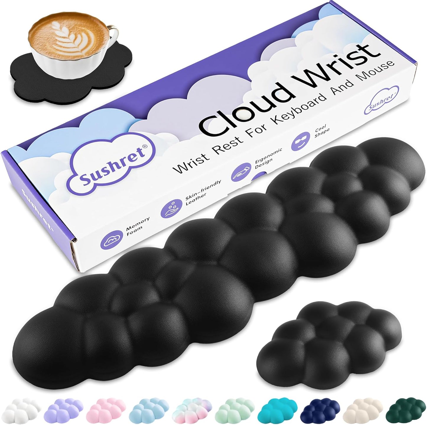 Sushret Cloud Wrist Rest Keyboard, Cloud Keyboard Wrist Pad Set with PU Leather Memory Foam, Cute Arm Rest for Palm Support, PC/Gaming Desk Accessories/Office Setup/Computer Hand Cushion - White
