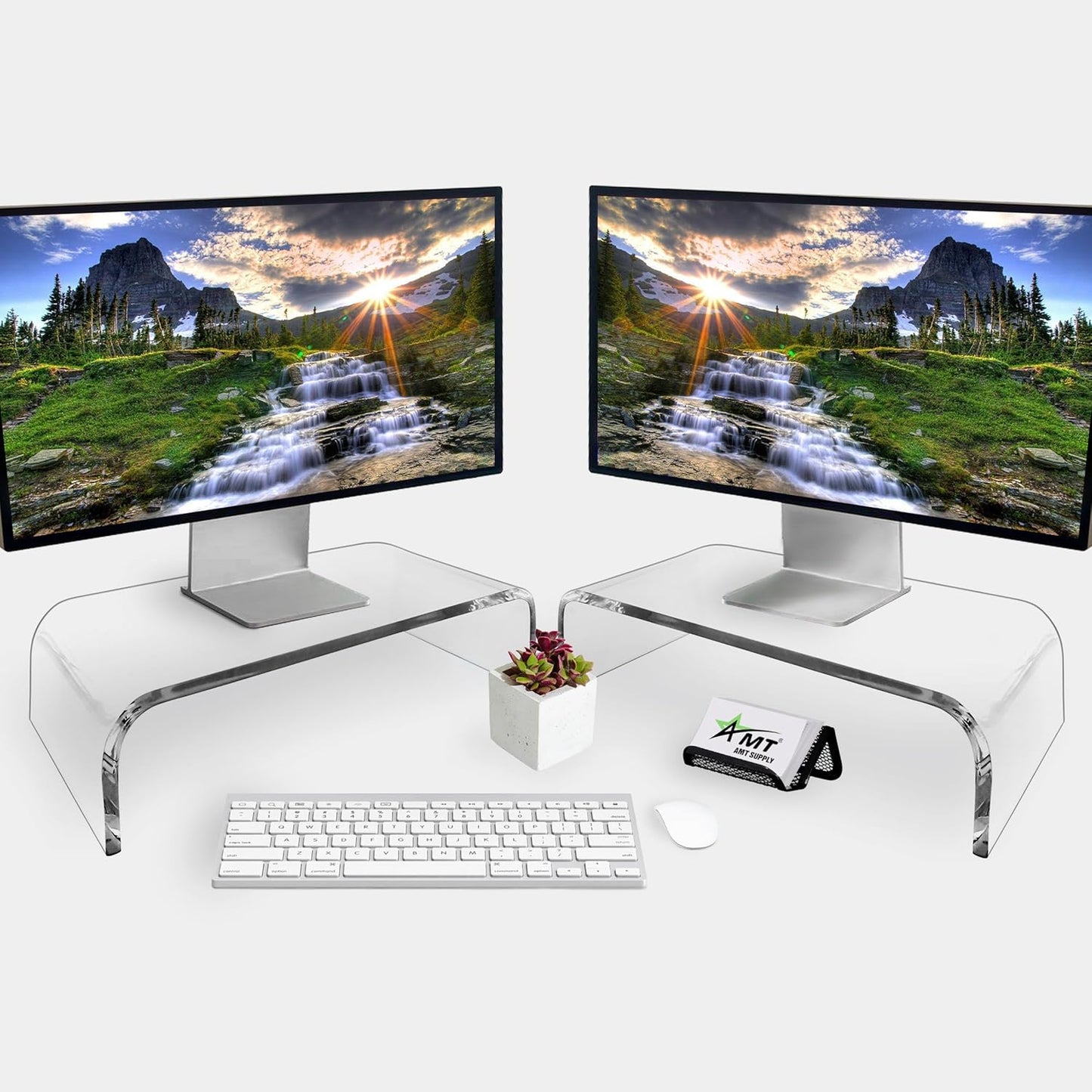 AMT Acrylic Laptop Monitor Stand & Computer Riser with Cat Keyboard Protector, Space-Saving Design, Extra Storage, Clear Shelf - Ideal for Monitors, Laptops, Printers, Desktop Decor
