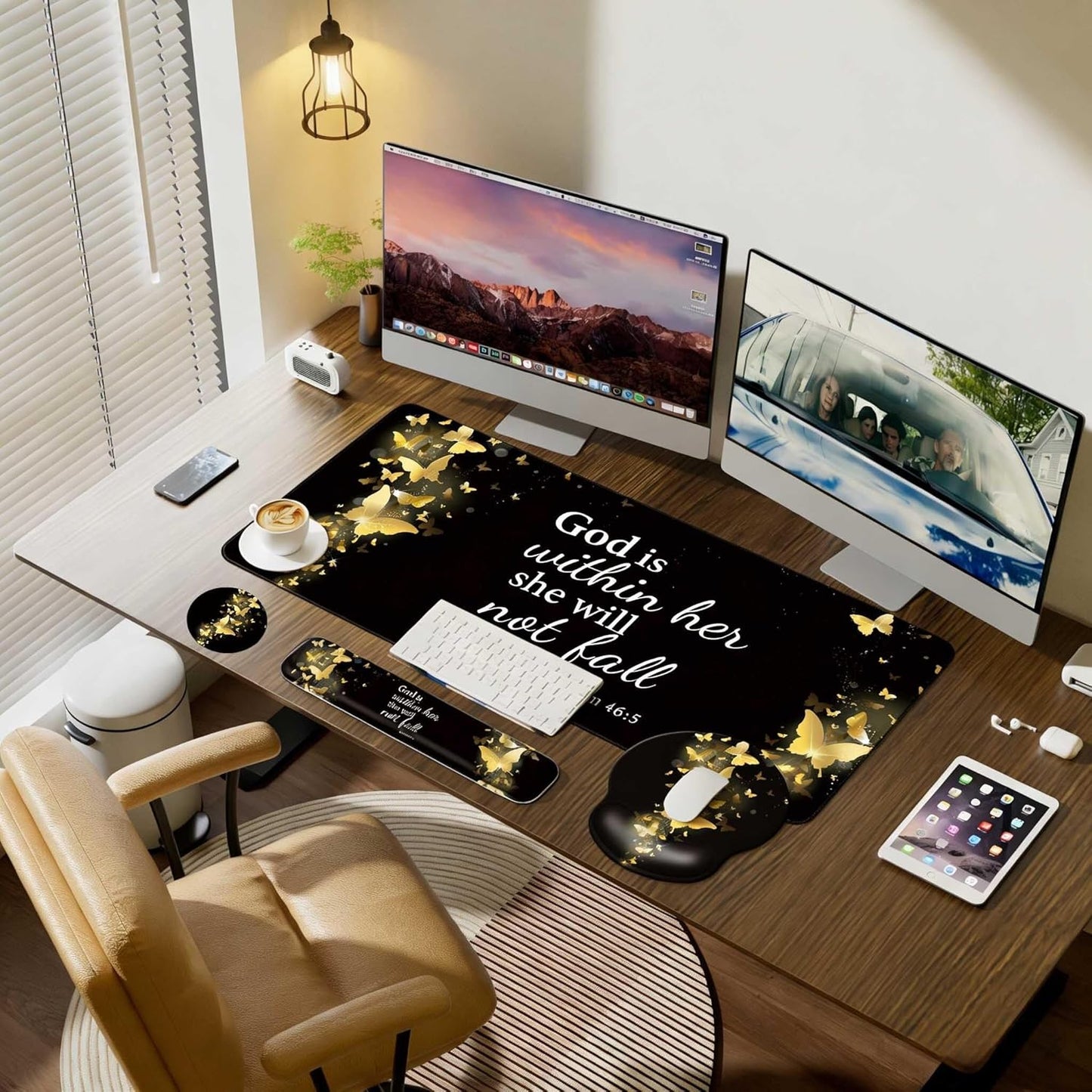 Desk Mat Set + Keyboard and Mouse Pad with Wrist Rest Support,4-in-1 Large Mousepad Computer Mats for Desktop Home & Office-Purple Butterflies