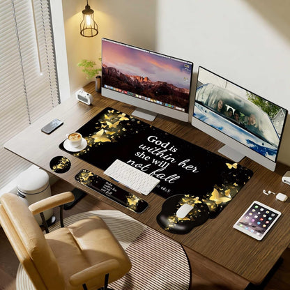 Desk Mat Set + Keyboard and Mouse Pad with Wrist Rest Support,4-in-1 Large Mousepad Computer Mats for Desktop Home & Office-Purple Butterflies
