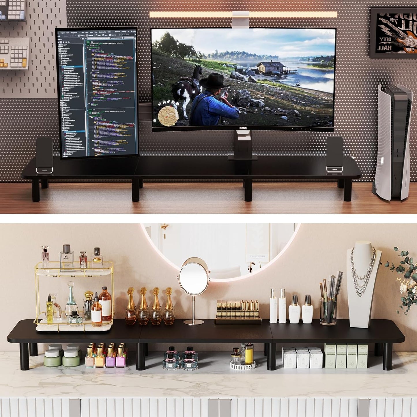 Dual Monitor Stand - 43.7 inch Extra Long Wide TV Stand - Wood & Steel Leg Desktop Riser - Desk Organization - Home Office (Vintage)