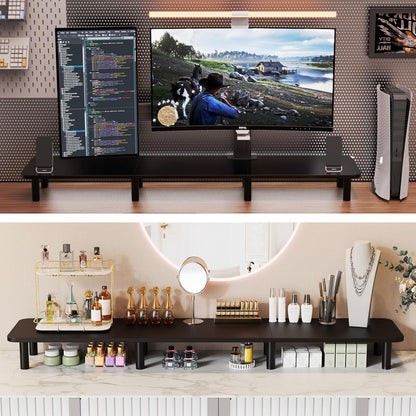 Dual Monitor Stand - 43.7 inch Extra Long Wide TV Stand - Wood & Steel Leg Desktop Riser - Desk Organization - Home Office (Vintage)
