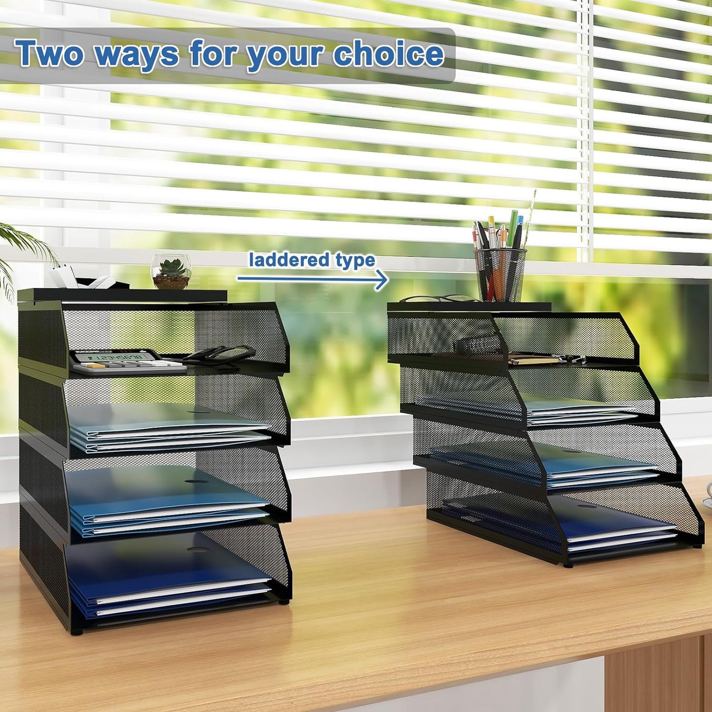 Natwind 4-Tier Paper Organizers,Desk Organizer,Stackable Paper Tray, Desk Accessories,Metal Mesh Desktop Organizer,Letter Trays,File Document Storage Rack for for Home, Office, School (Black)