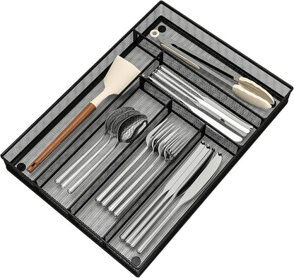 Sedegn Silverware Organizer Metal Mesh, Small Drawer Organizer, Utensil Cutlery Tray for kitchen drawers, Flatware Organizer with 5 Compartment, Black(9.3"*12.6")