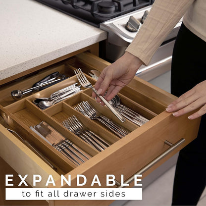 Masirs Expandable Utensil Drawer Organizer - BPA-Free Plastic Clear Silverware Tray with Multiple Compartments - Non-Slip Cutlery Storage for Kitchen, Bathroom, or Office Drawers (Clear)