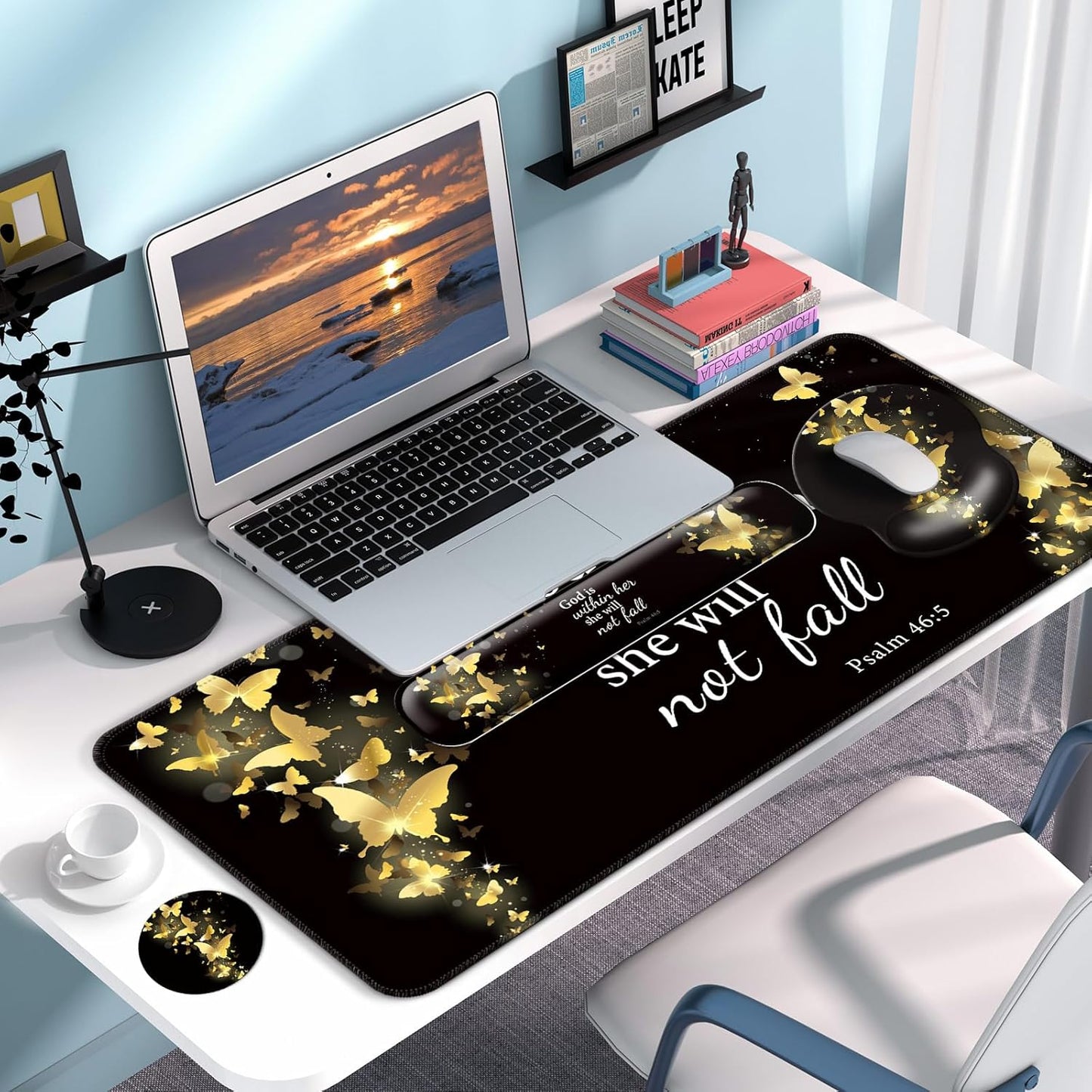 Desk Mat Set + Keyboard and Mouse Pad with Wrist Rest Support,4-in-1 Large Mousepad Computer Mats for Desktop Home & Office-Purple Butterflies