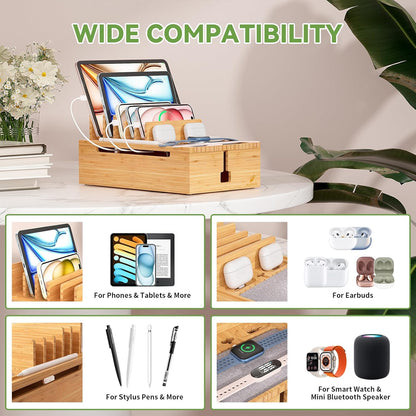 Pezin & Hulin Bamboo Charging Station for Multiple Devices, USB Charger Dock Organizer, with Power Supply (10 Ports HUB), 6 Cables, Cable Management Organizer for Cell Phones, Tablets -Natural+White