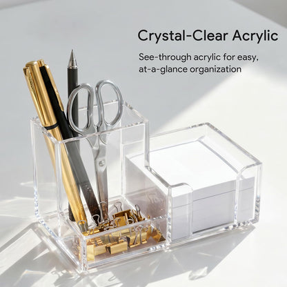 HBlife Acrylic Pen Holder for Desk, 3-Compartment Small Desk Organizer, Clear Office Supplies Desk Accessories with Sticky Notes Holder Stores Post It Notes 3X3 for Office, Home and School
