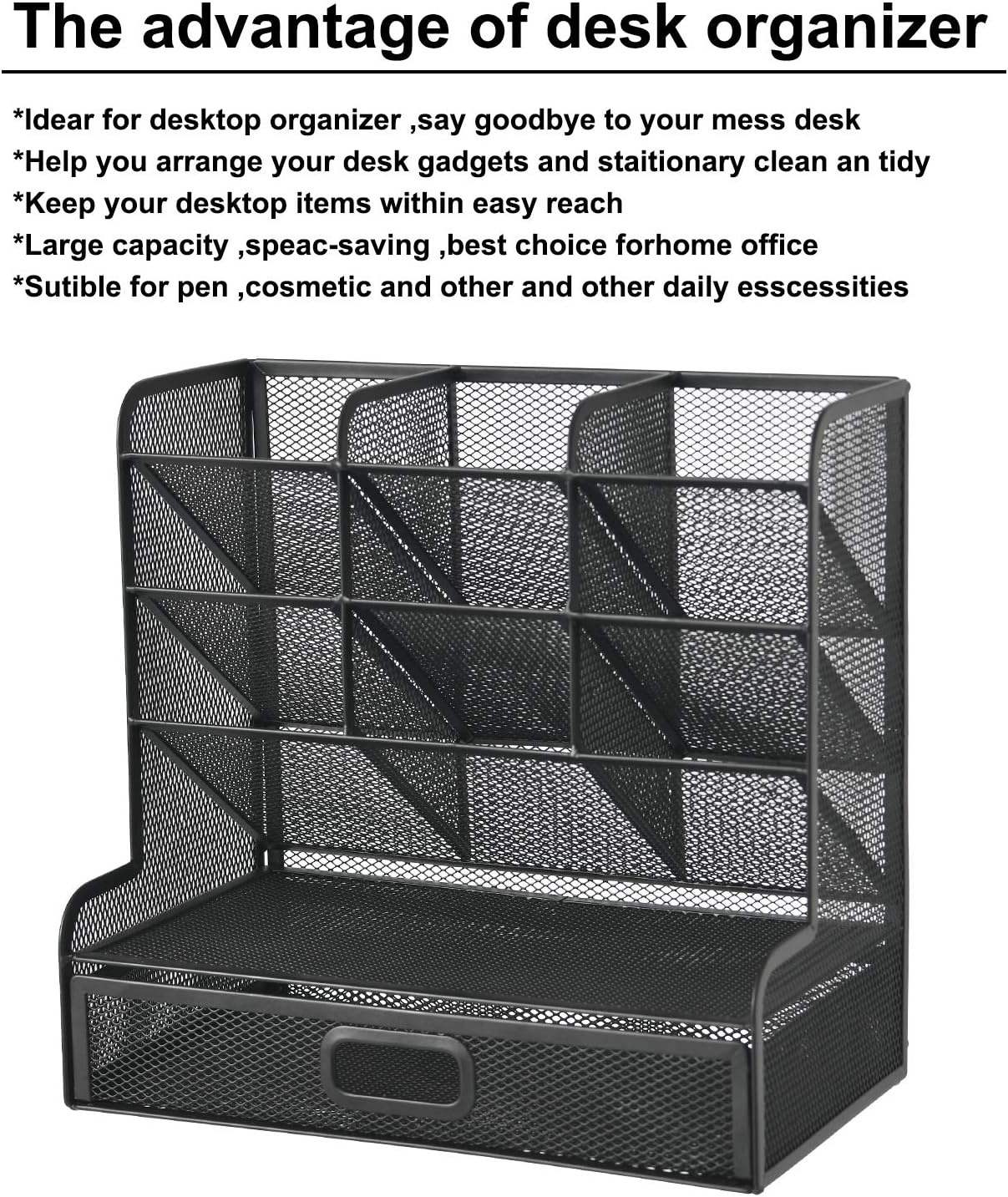 Marbrasse Mesh Pen Holder for Desk, Multi-Functional Pencil Organizer with Drawer, Desk Organizers and Accessories for Office Art Supplies (Black)