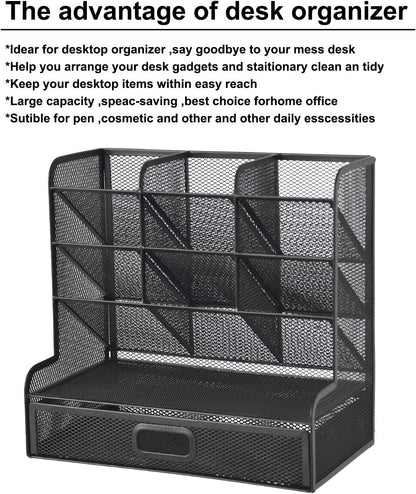 Marbrasse Mesh Pen Holder for Desk, Multi-Functional Pencil Organizer with Drawer, Desk Organizers and Accessories for Office Art Supplies (Black)
