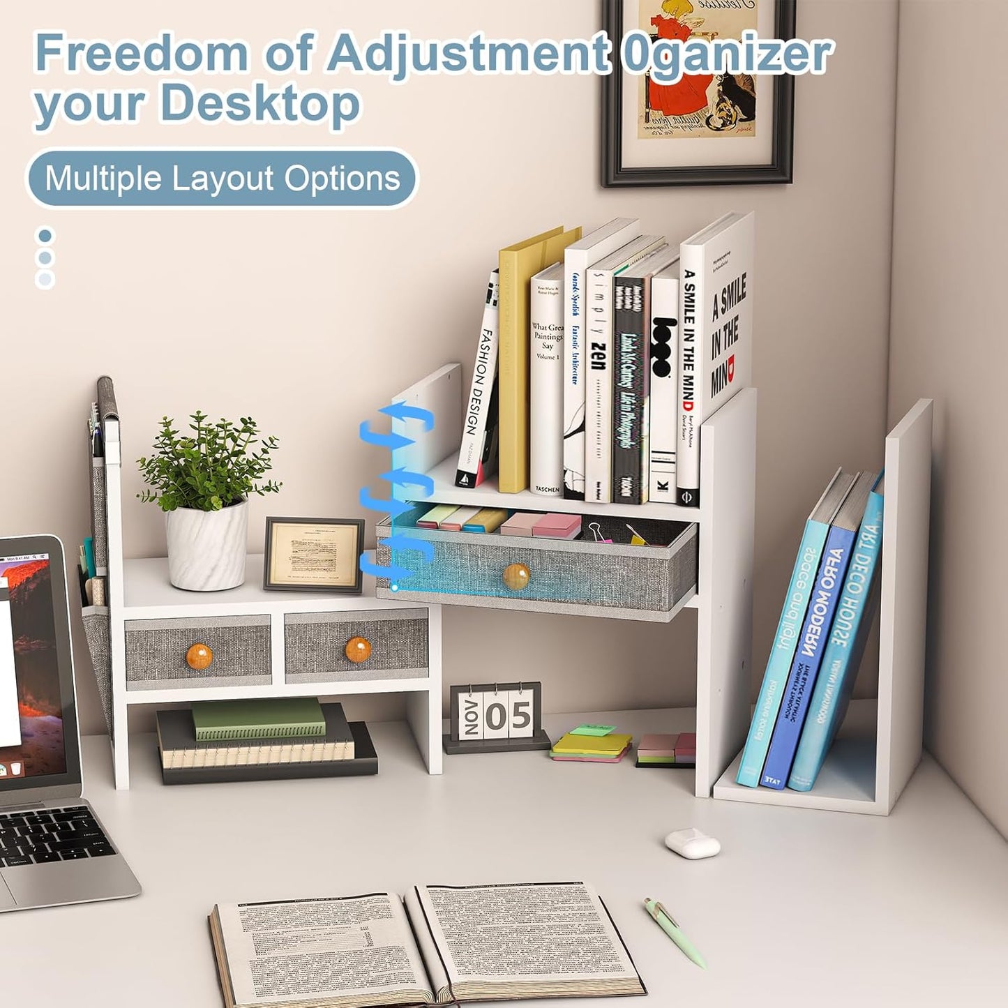 X-cosrack Adjustable Desk Shelves for Storage, Desktop Bookshelf with 3 Drawers, White Wood Desk Shelf for Top of Desk, Corner Desktop Organizer for Women Office