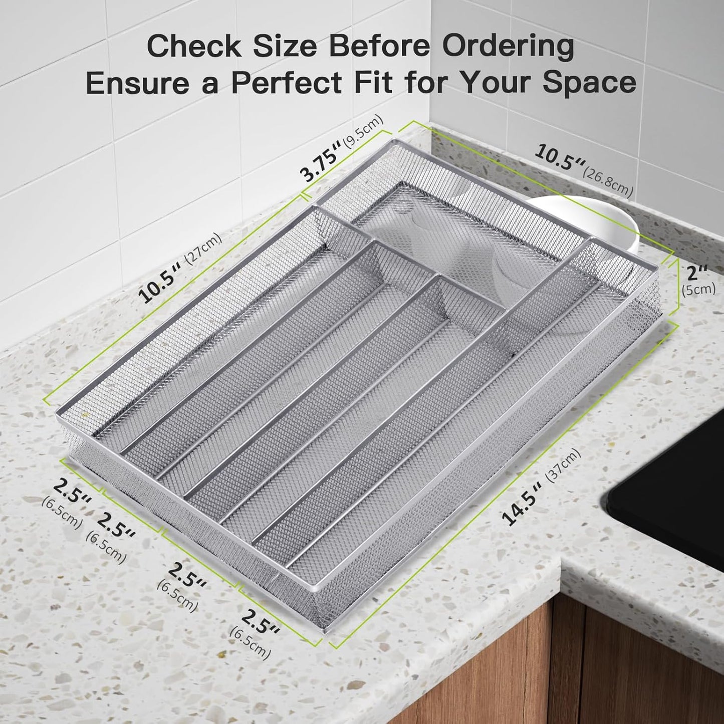 Neudeco Drawer Organizer Set 6 Pack - 5-Compartment Silverware Organizer Tray + 5 Utensil Trays, Kitchen Drawer Organizer for Flatware, Cutlery, Office Supplies, Black Mesh, Non-Slip.