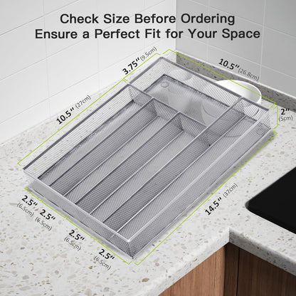 Neudeco Drawer Organizer Set 6 Pack - 5-Compartment Silverware Organizer Tray + 5 Utensil Trays, Kitchen Drawer Organizer for Flatware, Cutlery, Office Supplies, Black Mesh, Non-Slip.