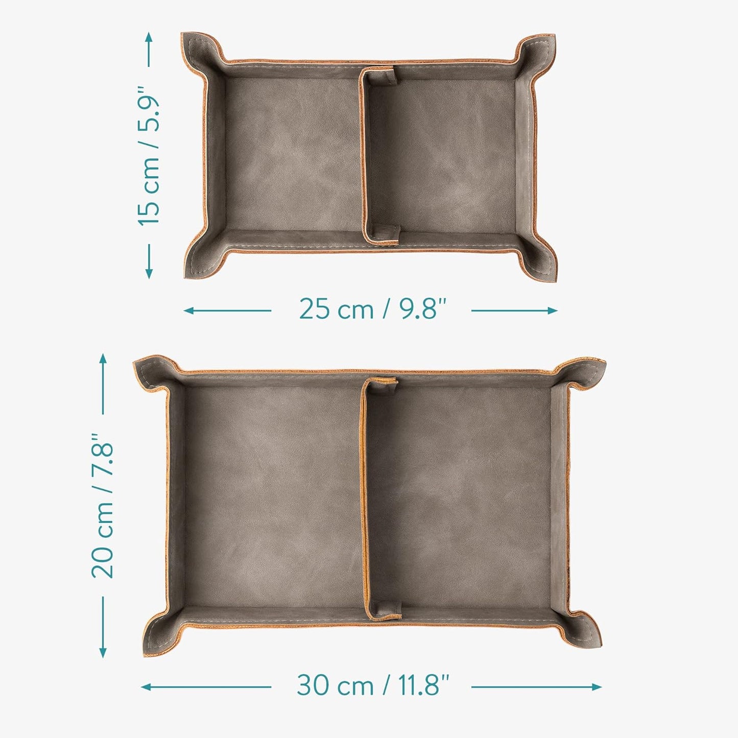 Navaris Faux Leather Tray Set - 2 Valet Organizer Trays for Bedside Table Desk with Dividers- Store Keys, Change, Wallet, Phone, Glasses - Gray