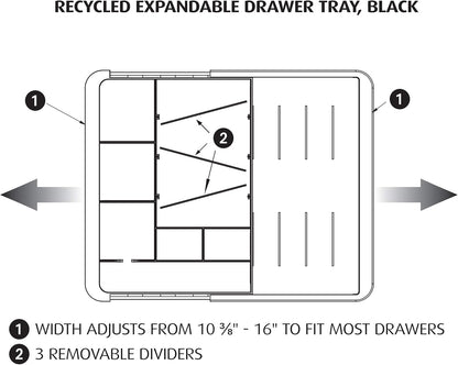 Officemate Expandable Drawer Organizer Tray, Adjustable 10.3"–16" Width, Customizable Compartments with Dividers, Recycled Plastic, Black