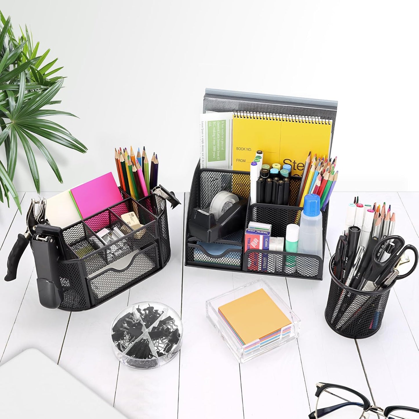 17 in1 Silvery Desk Organizers and Accessories Set, 3 Office Desk Supplies Storage Organization, 4 Pens, Stapler, Staples & Remover, Tape & Dispenser, Scissors, Ruler, Clips, Hole Punch Back to School