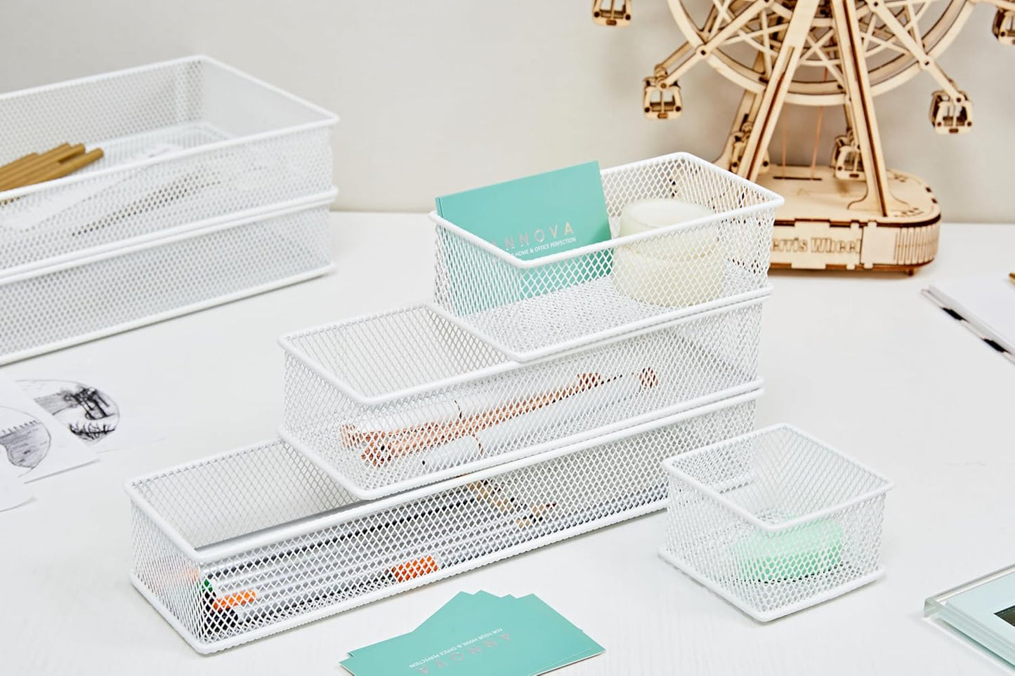 Annova Stackable Mesh Drawer Cabinet and Shelf Organizer Bins Storage Basket School Office Supply Holder Tray- Set of 2 (Gold, 3x3x2 Inch)