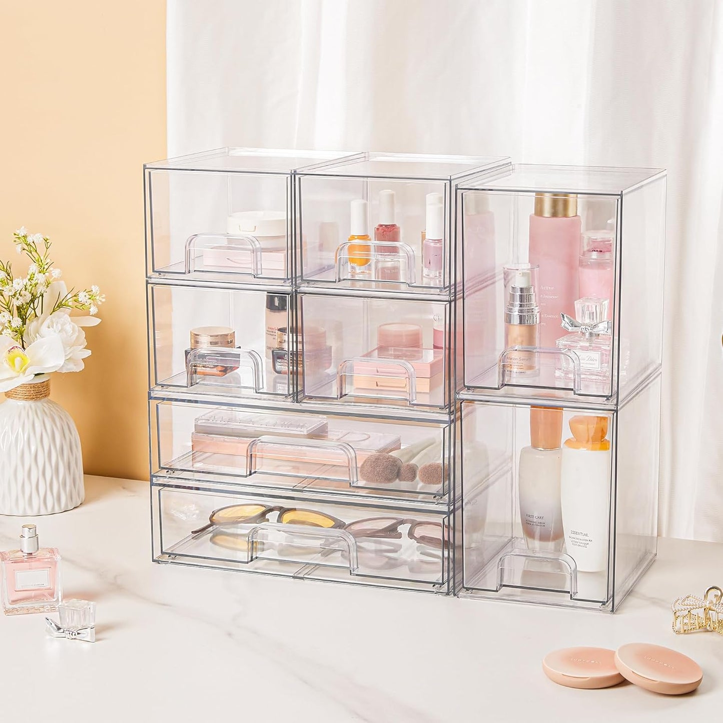 Vtopmart Stackable Storage Drawers Set of 4, Clear Plastic Organizer Bins for Bathroom Supplies,Ideal for Cabinet,Pantry,Laundry Room Organization
