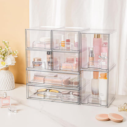 Vtopmart Stackable Storage Drawers Set of 4, Clear Plastic Organizer Bins for Bathroom Supplies,Ideal for Cabinet,Pantry,Laundry Room Organization