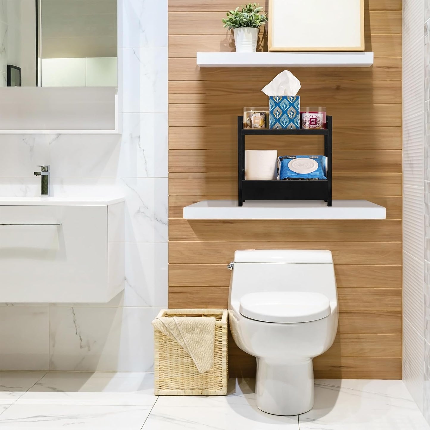 Sorbus Bamboo Bathroom Counter Organizer – 2-Tier Shelf with Hidden Drawer for Vanity, Matcha Station, Bathroom Sink Organizer Countertop, Kitchen & Office Storage (13″ L x 6.5″ W x 12.6″ H)