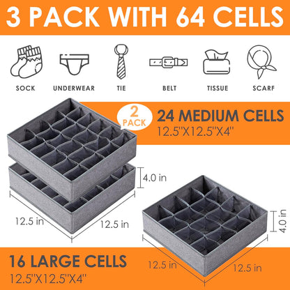 Criusia 6 Pack Large Drawer Organizer for Sock Underwear - Washable Heavy Duty Fabric Closet Organizers and Storage Bins - 90 Cells Dresser Organizer Divider for Baby Clothes, Ties, Belt (Grey)
