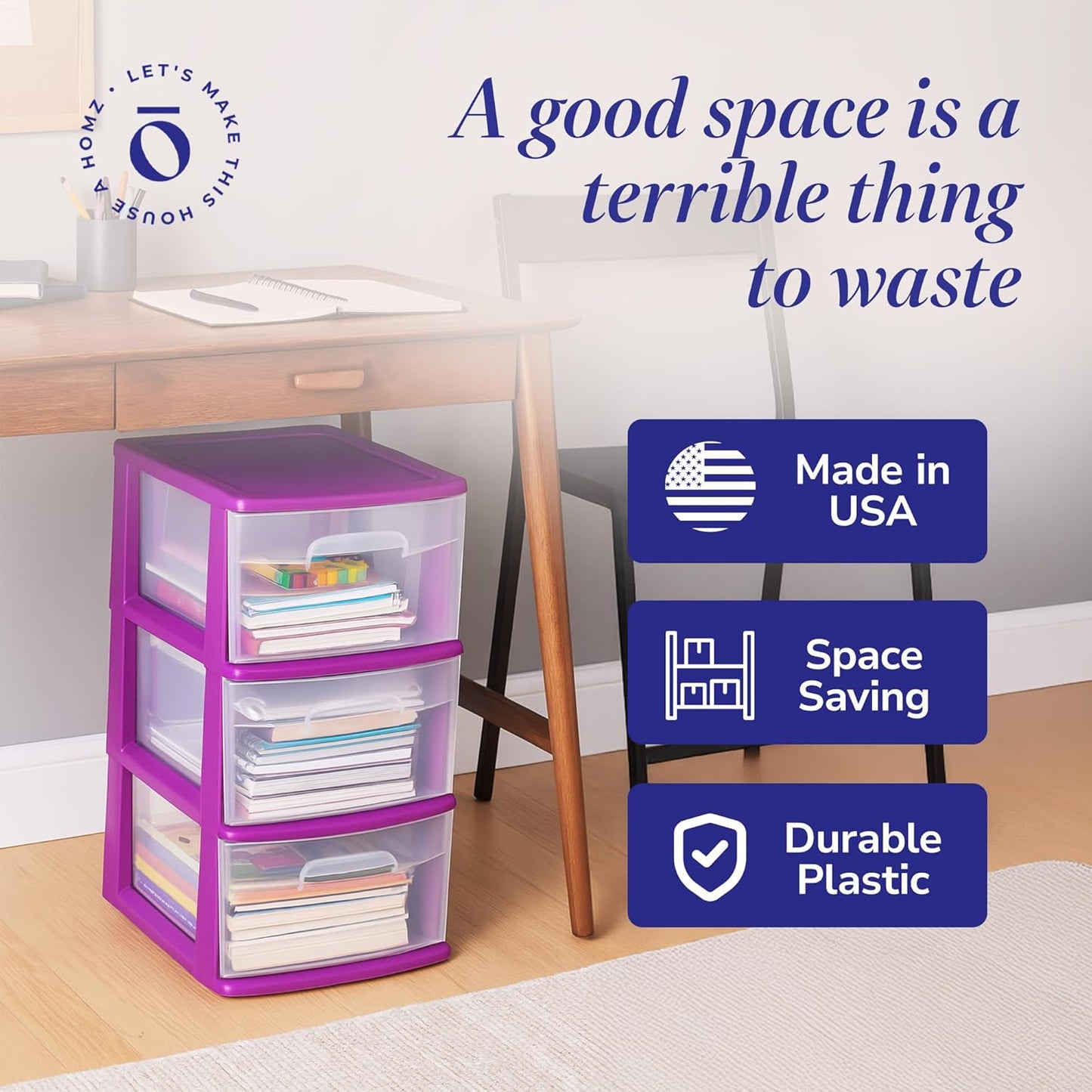 HOMZ Drawer Tower, 3-Tier Rolling Storage Cart with Removable Wheels, White Frame – Plastic Organizer with Clear Bin Drawers for Bedroom, Bathroom, Home Office, and Dorm Room