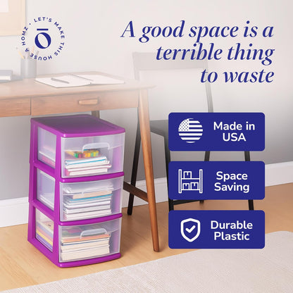HOMZ Drawer Tower, 3-Tier Rolling Storage Cart with Removable Wheels, White Frame – Plastic Organizer with Clear Bin Drawers for Bedroom, Bathroom, Home Office, and Dorm Room