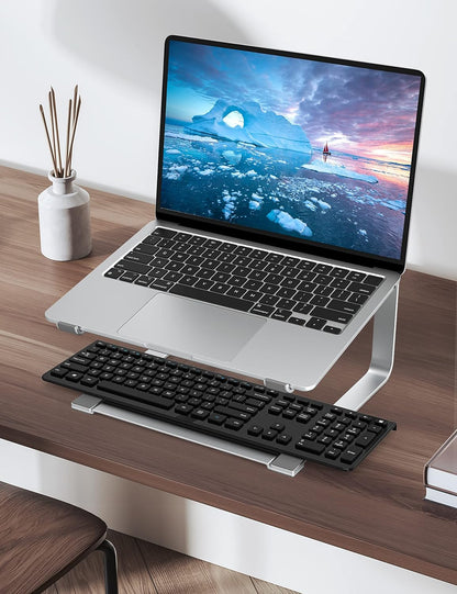 SOUNDANCE Laptop Stand for Desk, Ergonomic Metal Computer Riser for 12-17.3 Inch Laptops, Heavy Duty Stable Desktop Holder, Improves Eye Level & Workspace Organization, Silver