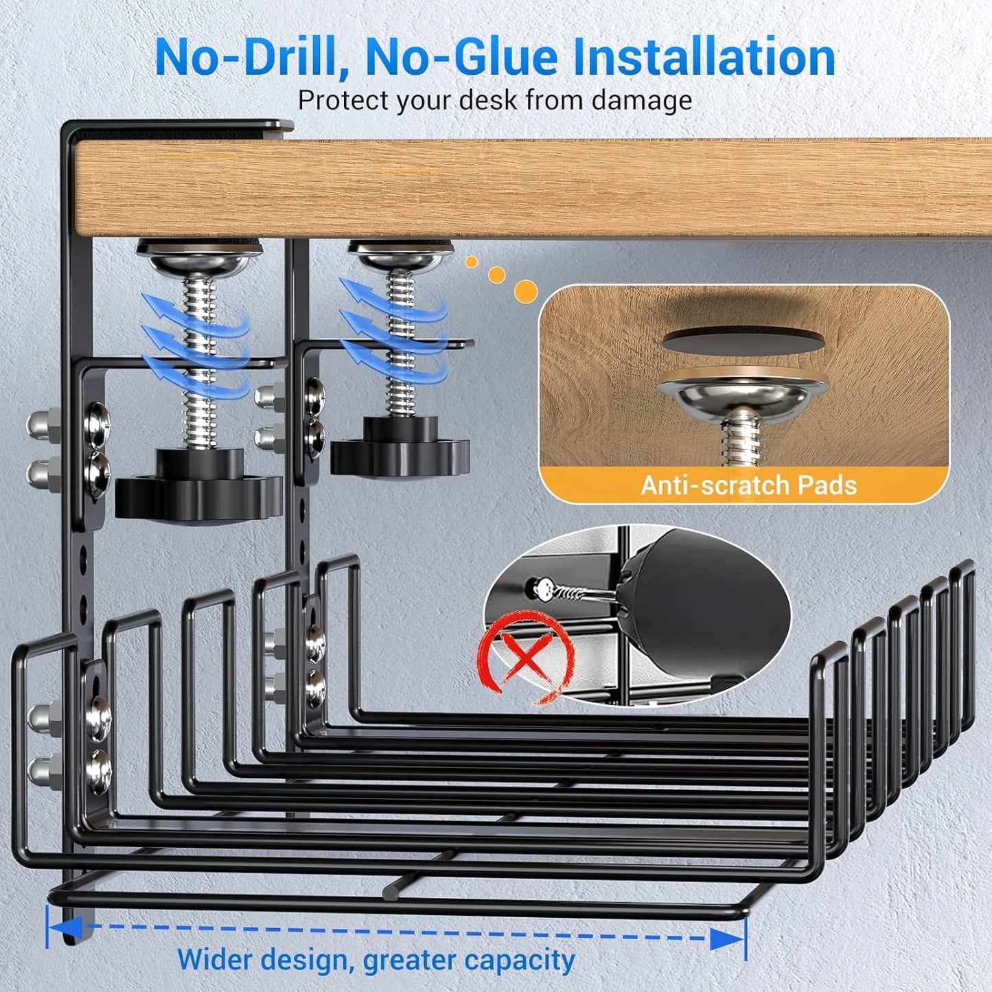 LUXEAR Under Desk Cable Management Tray 2Pack No Drill C-Clamp Standing Desk Cords Organizers 15.7“ High Capacity Adjustable Removable Docking Station Wires Holder Rack Office Kitchen Table Raceway