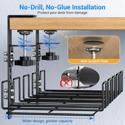 LUXEAR Under Desk Cable Management Tray 2Pack No Drill C-Clamp Standing Desk Cords Organizers 15.7“ High Capacity Adjustable Removable Docking Station Wires Holder Rack Office Kitchen Table Raceway