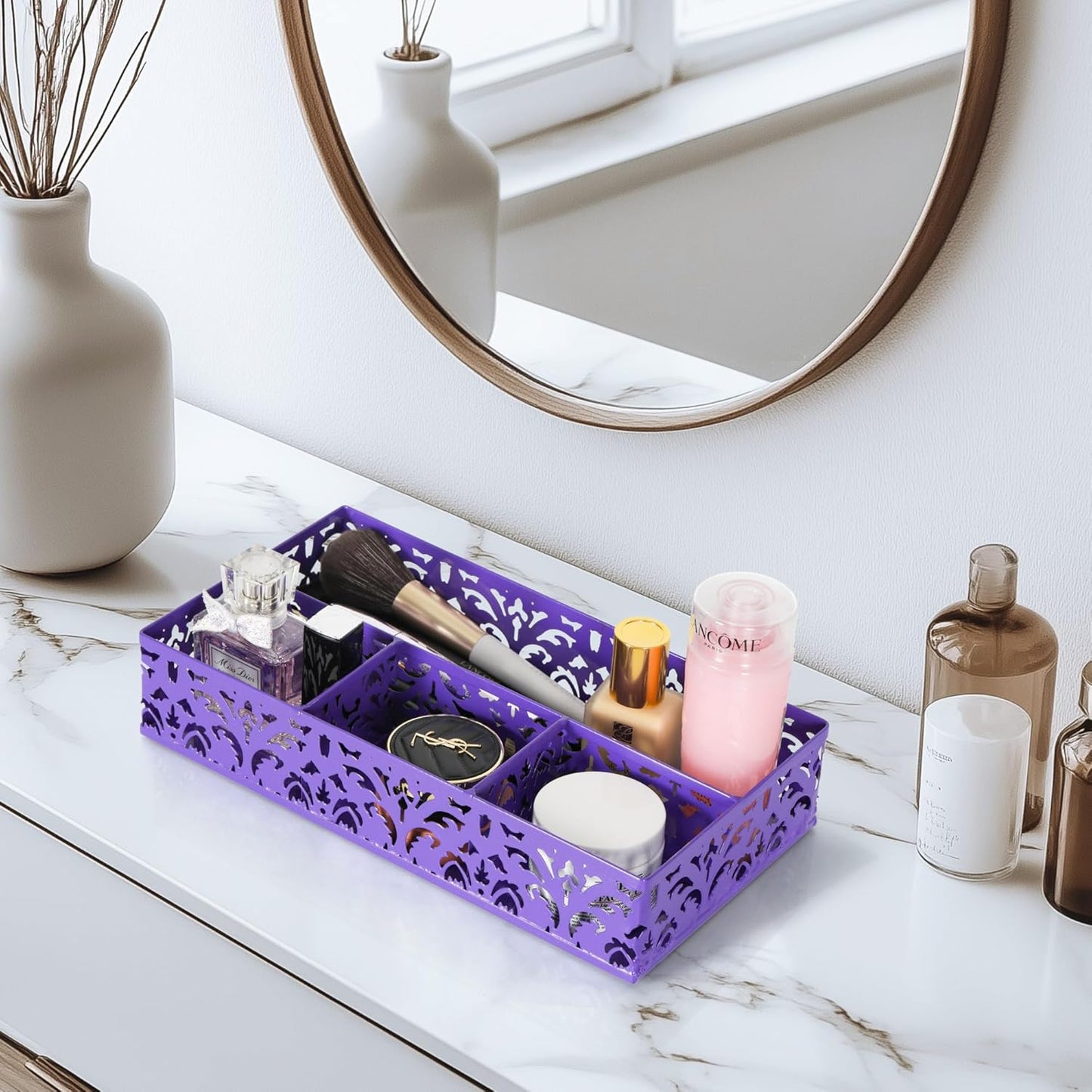 EasyPAG Desk Drawer Organizer with 4 Compartments, Carved Hollow Floral Metal Tray for Office, Jewelry, Cosmetics - No Assembly, Purple