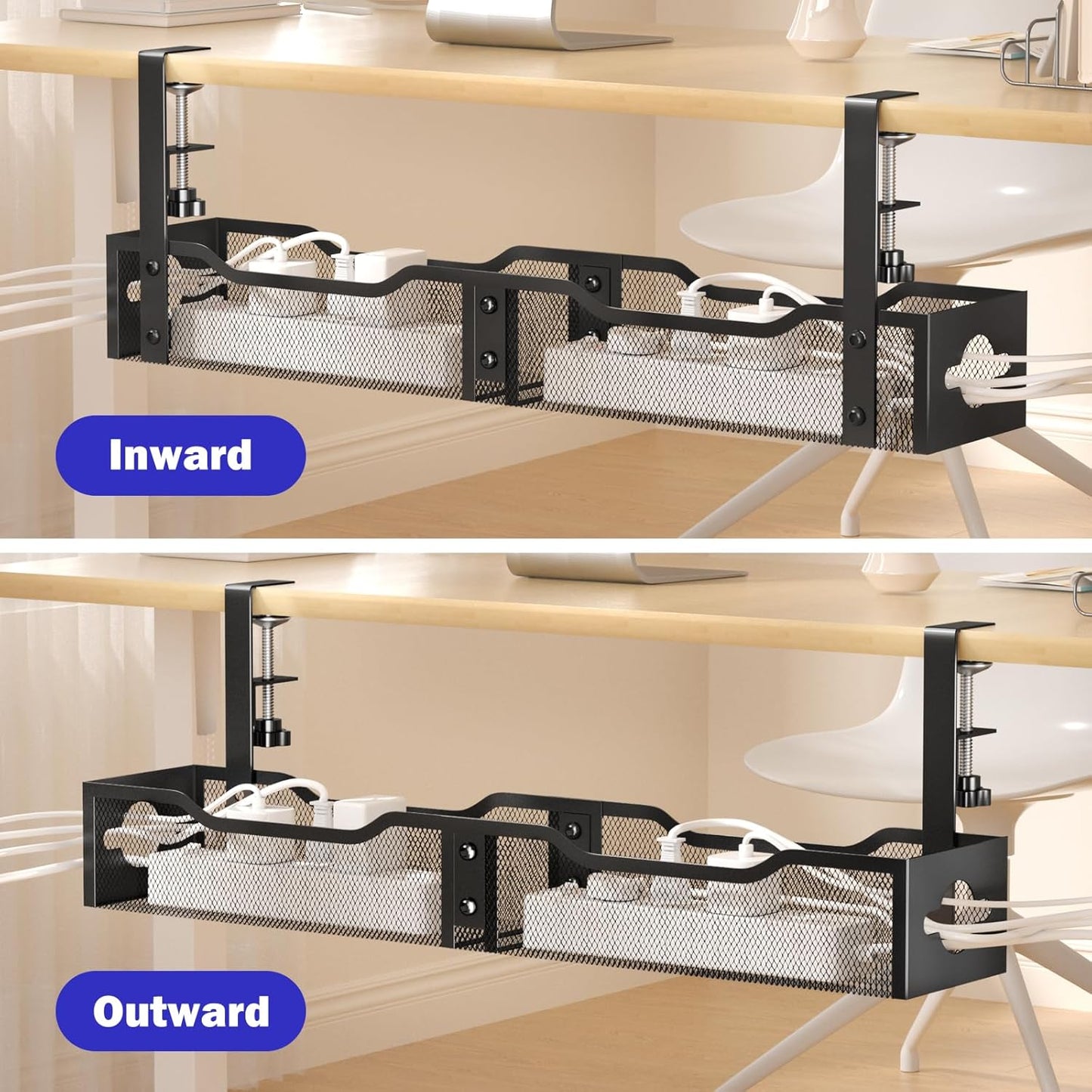 Under Desk Cable Management Tray 25.12", Extra Large Cable Management No Drill, Extended Cord Organizer with Adjustable Clamps, Black