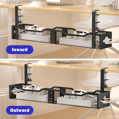 Under Desk Cable Management Tray 25.12", Extra Large Cable Management No Drill, Extended Cord Organizer with Adjustable Clamps, Black