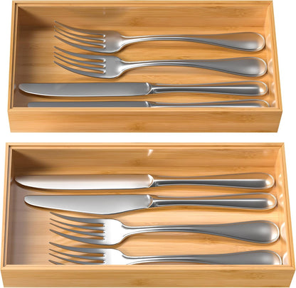 VeyFey Bamboo Drawer Organizer, Stackable Utensil Organizer for Kitchen, Bamboo Storage Box Wood Silverware Tray for Drawer 15" x 6" x 2" Set of 2