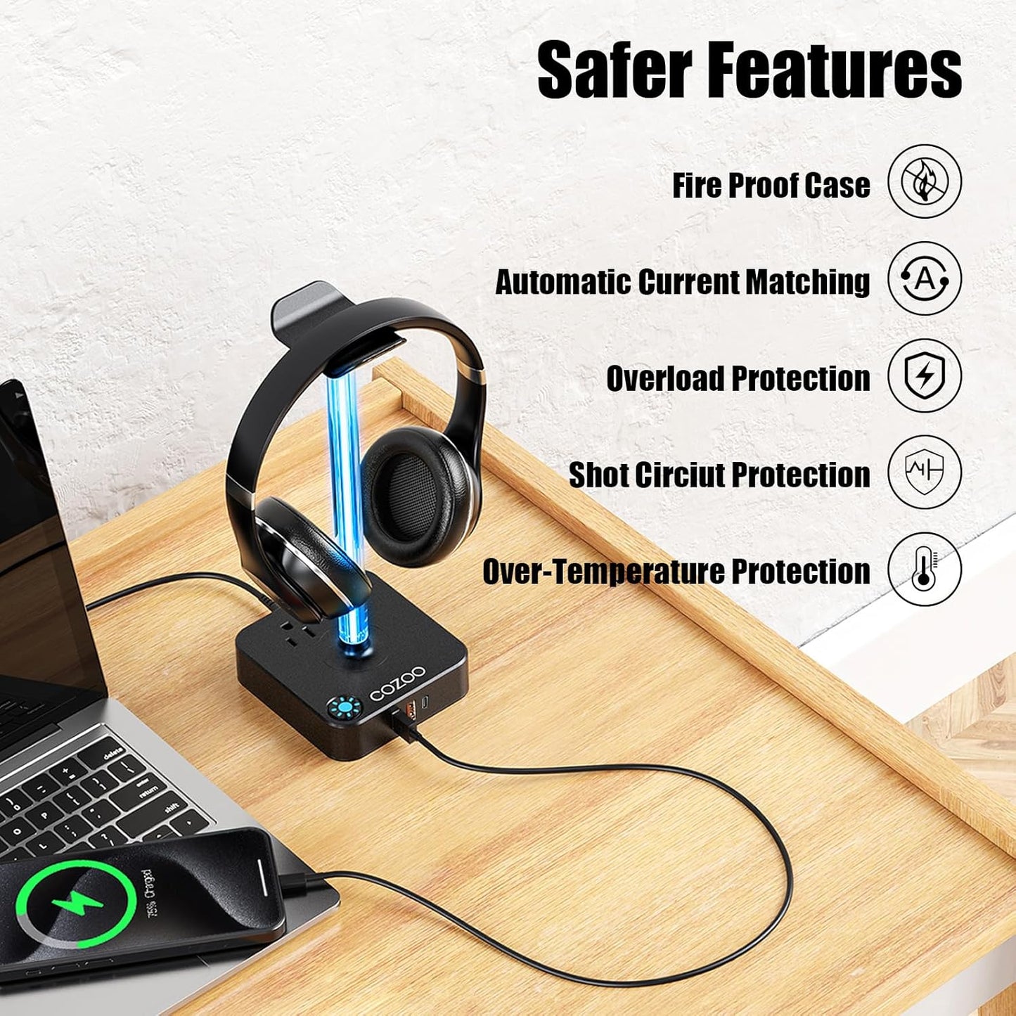 COZOO Headphone Stand with USB Charger Desktop Gaming Headset Holder Hanger with 3 USB Charging Station and 2 Outlets Power Strip,Suitable for Gaming, DJ,Wireless Earphone Display, Gamer Gifts for Men
