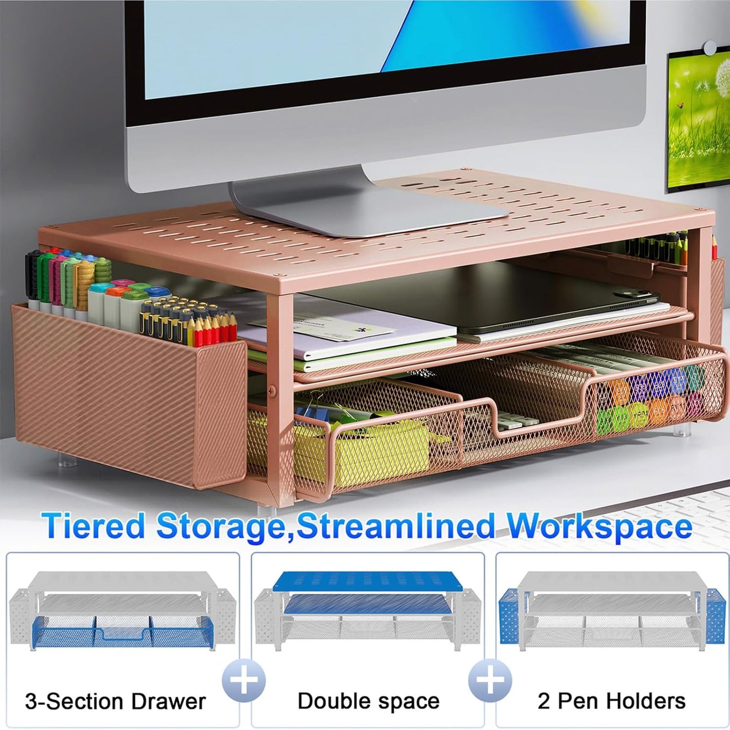 gianotter Wood Monitor Stand Riser, Office Desk Shelf Organizer, Desk Organizer with Drawer and Pen Holder, 2-Tier Computer Stand, Office Organization (Ink)