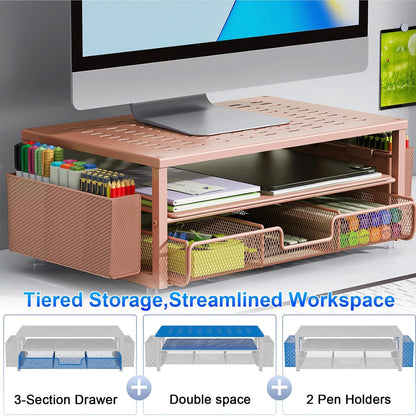 gianotter Wood Monitor Stand Riser, Office Desk Shelf Organizer, Desk Organizer with Drawer and Pen Holder, 2-Tier Computer Stand, Office Organization (Ink)