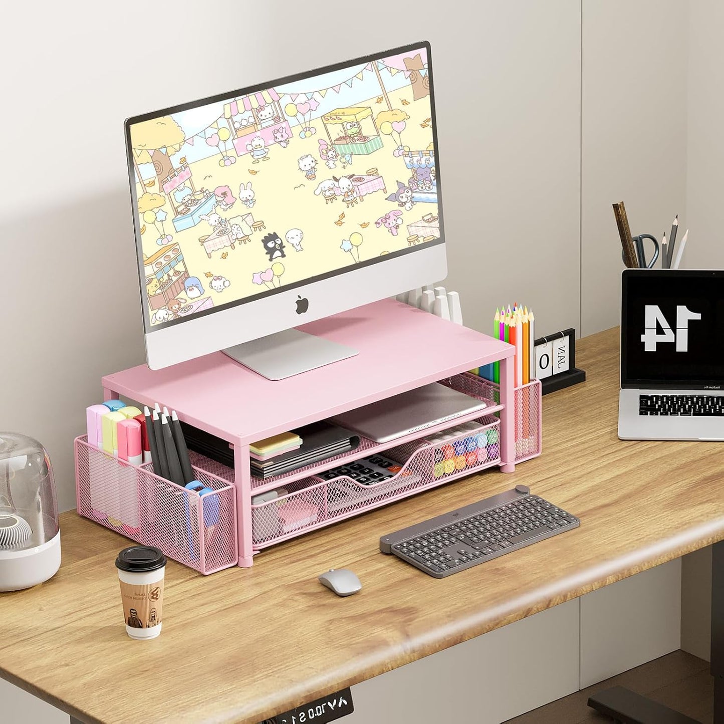 OPNICE Desk Organizer and Accessories, 2-Tier Computer Monitor Stand Riser with Drawer and 2 Pen Holders, Laptop Stand, Office Desk Accessories for Office Supplies, Black